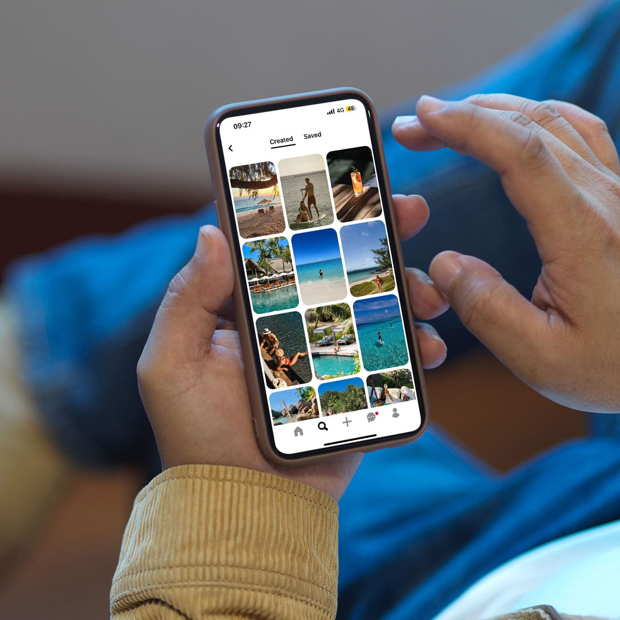 Person viewing a travel Pinterest board on their phone